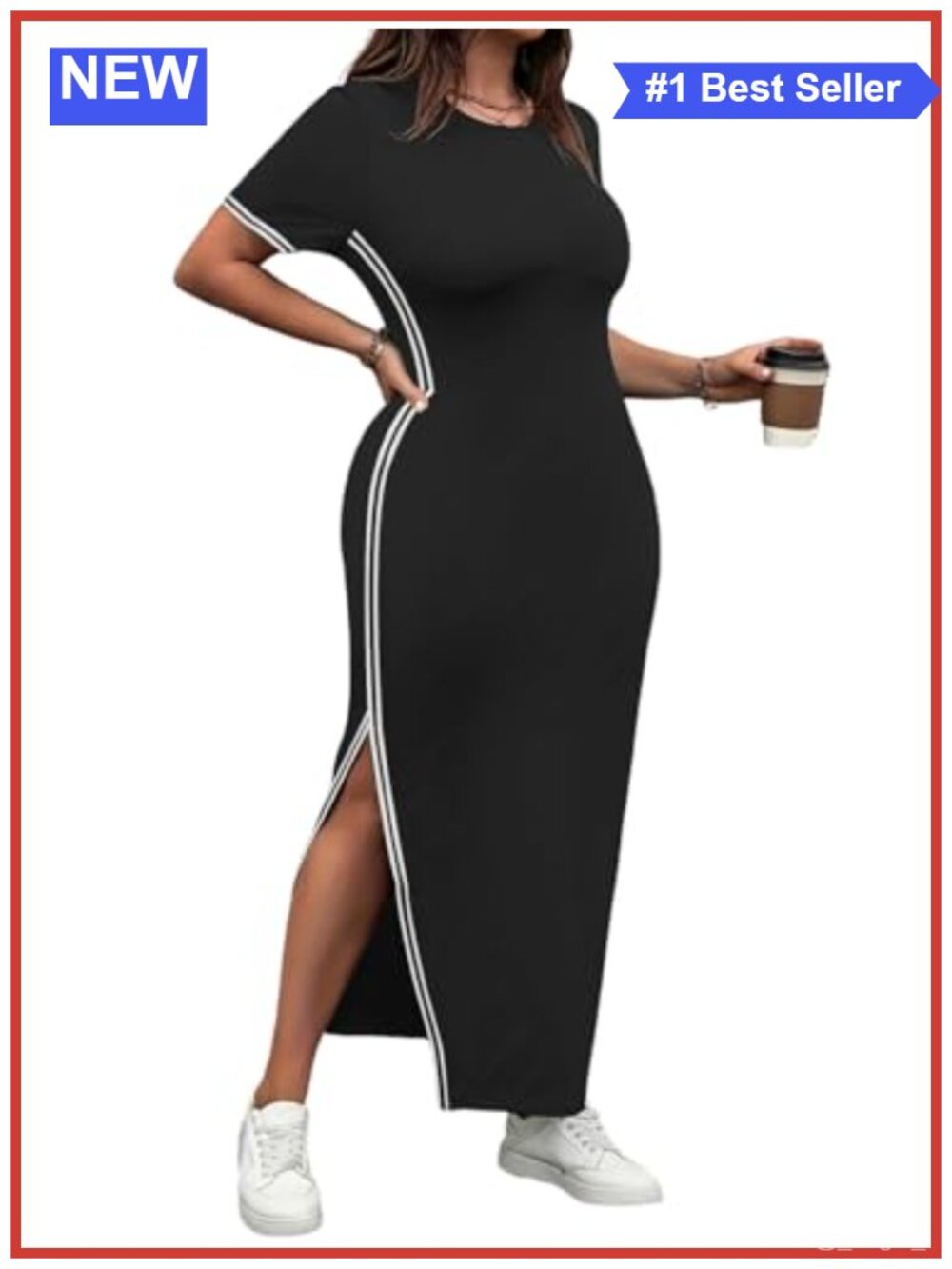 Bodycon Maxi Dress Short Sleeve Side Slit Casual Stripe Trim